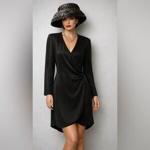 Valentino - Vintage 80’s- Black Faux Wrap -  Long Sleeve Sheath Dress